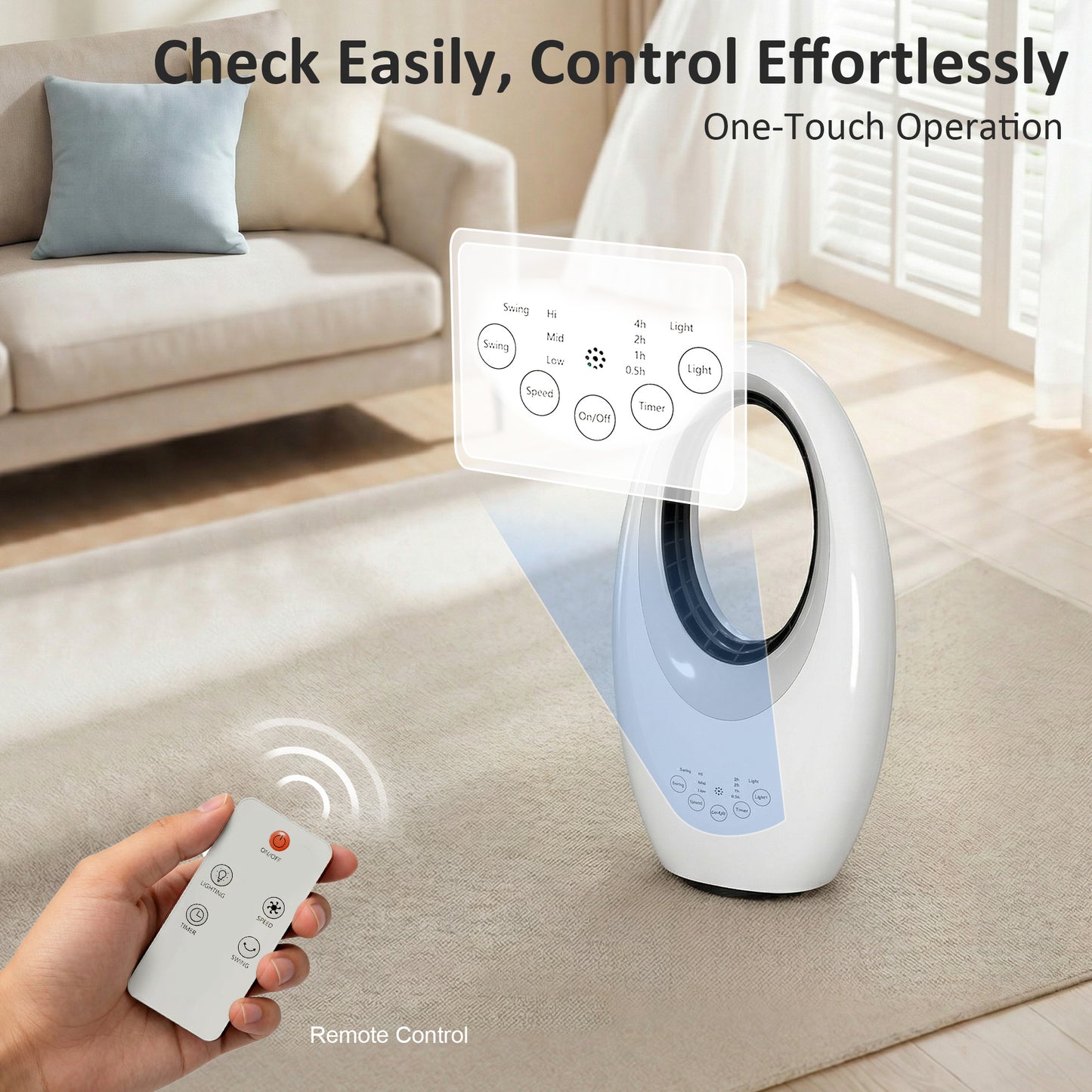 Bladeless Tower Fan, 36dB Standing Cooling Fan with 60° Oscillating, LED Lights, 3 Speeds, 7.5H Timer, Remote Control