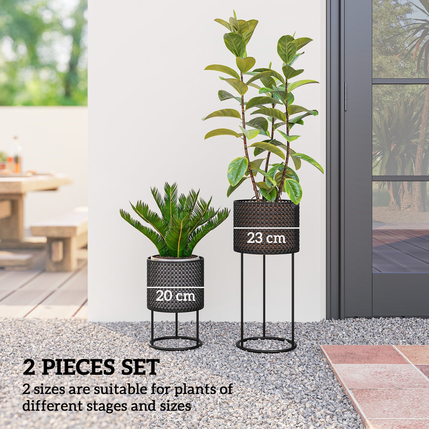 Metal Plant Pots Set of 2 with Hollow Design Flower Planters for Garden Balcony Black