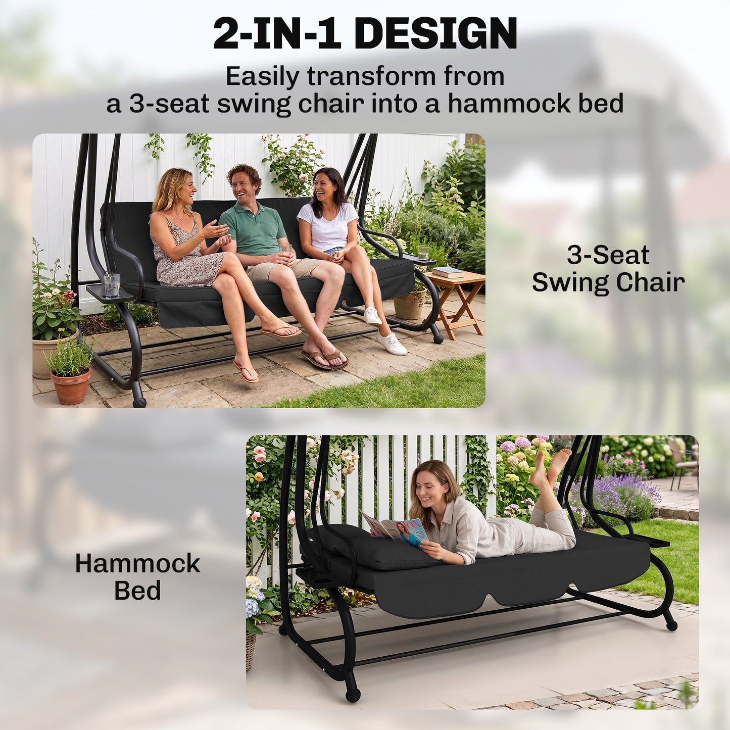 Three-Person garden Swing Chair, with Adjustable Canopy - Black