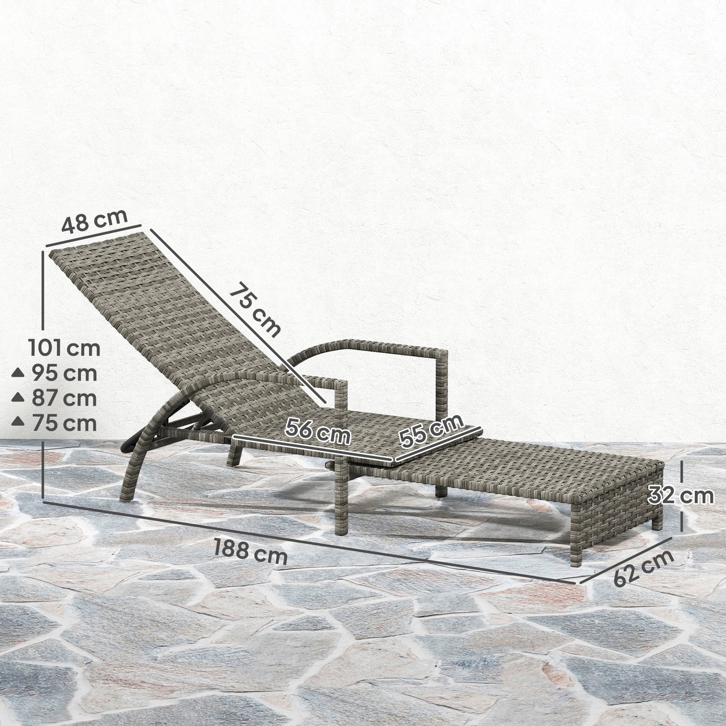 Reclining Rattan Lounger, with Extending Footrest - Grey