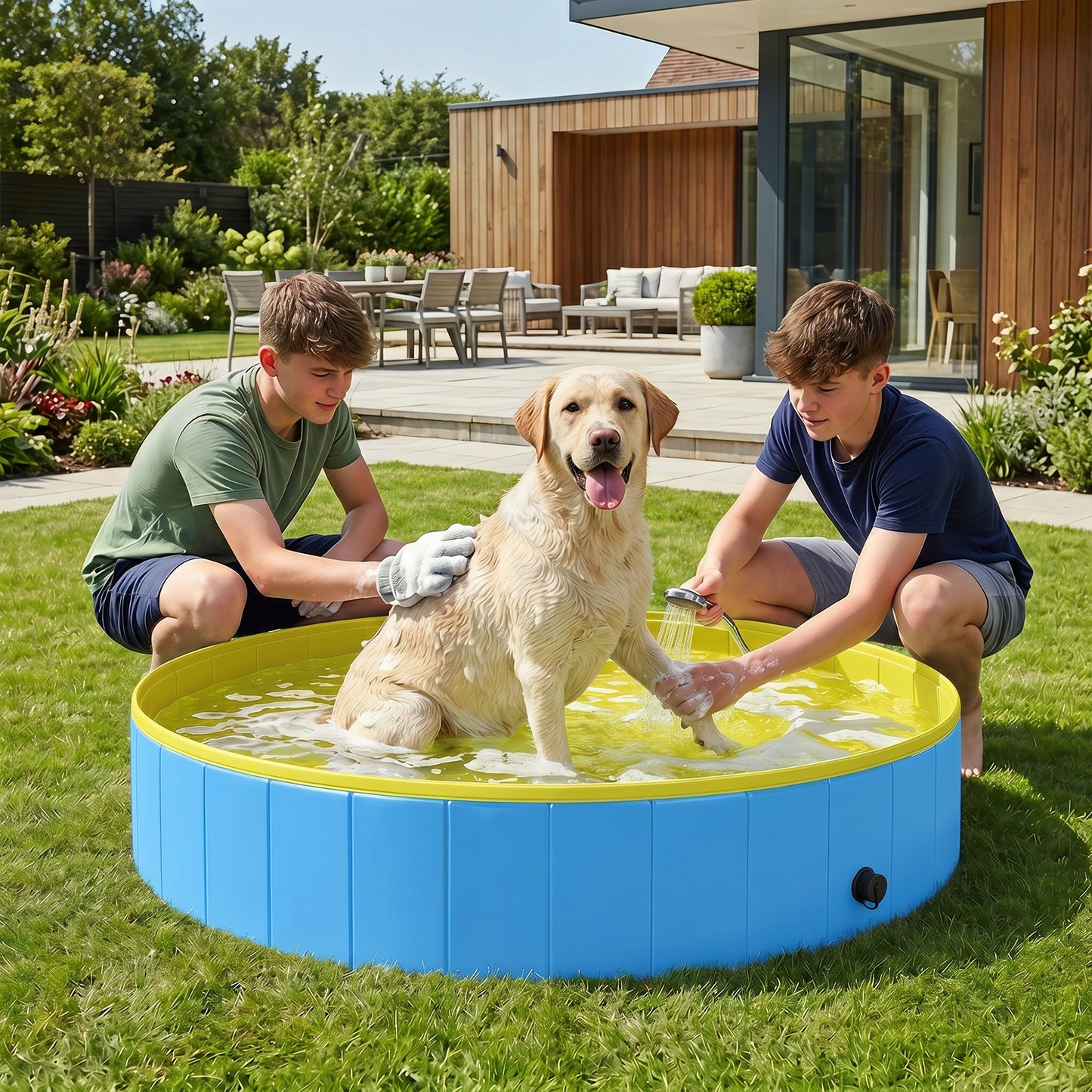 Foldable Dog Pool for Puppies and Ducks Dog Paddling Pool Bath Tub, Blue, 160 x 30cm
