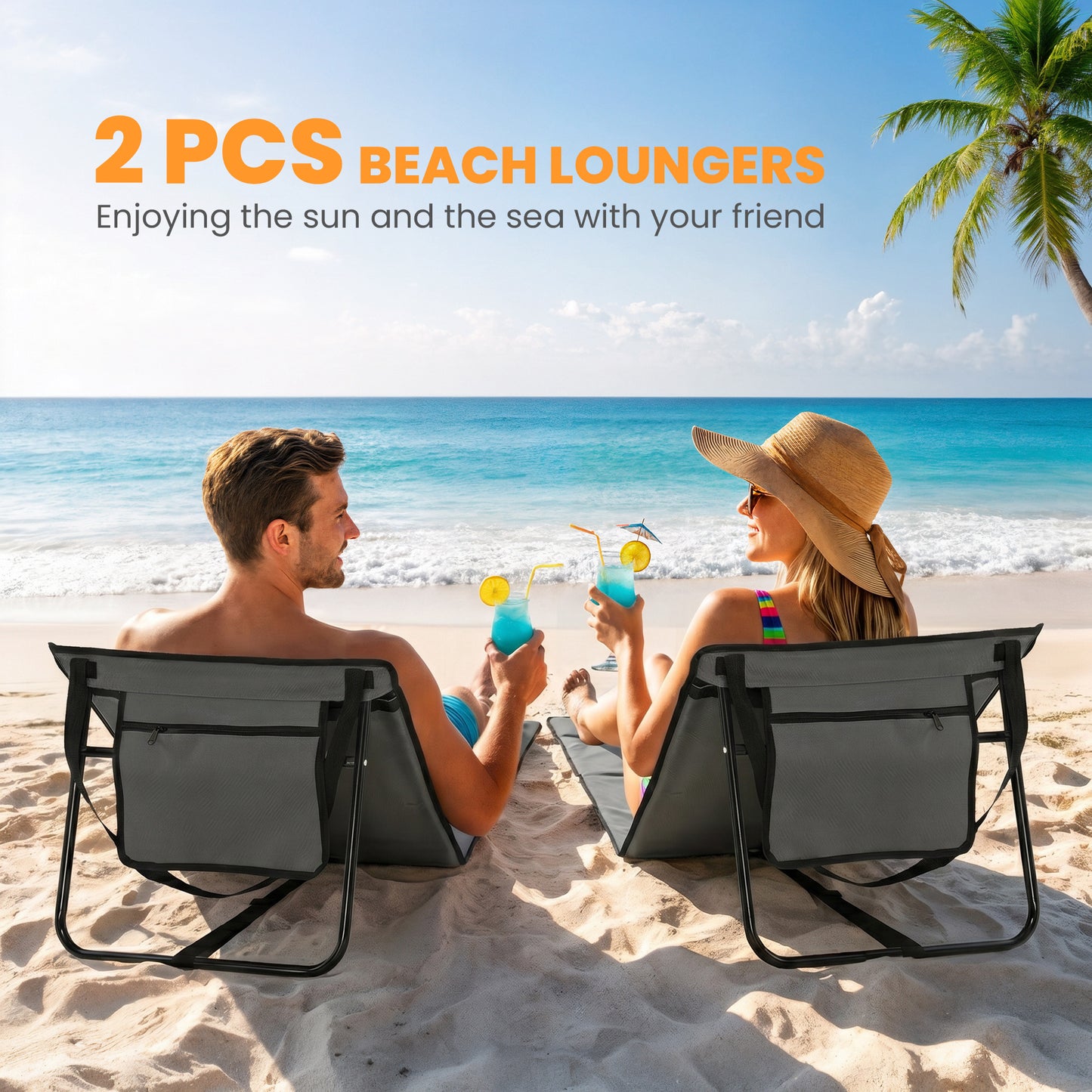 Set of 2 Foldable Garden Beach Chair Mat, Outdoor Sun Lounger Seats with Adjustable Back, Magazine Pocket, Carry Strap