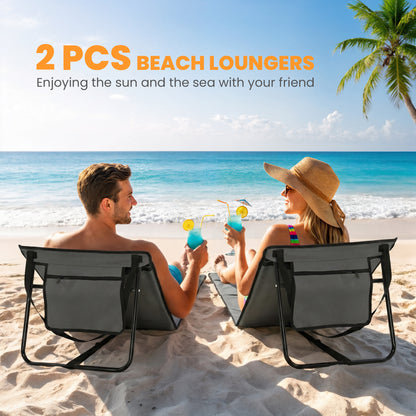 Set of 2 Foldable Garden Beach Chair Mat, Outdoor Sun Lounger Seats with Adjustable Back, Magazine Pocket, Carry Strap