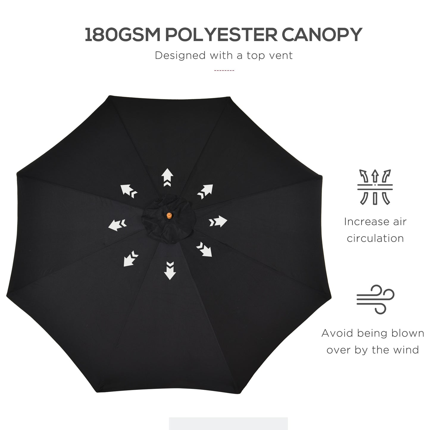 3(m) Garden Parasol, Pulley Operated Patio Umbrella, Wooden Table Market Umbrella with Rope Pulley Mechanism and 8 Ribs