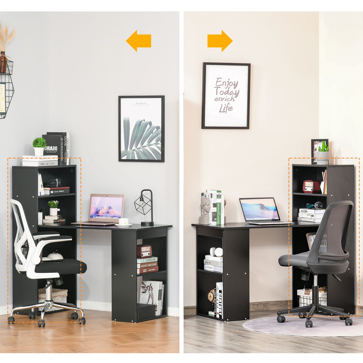 120cm Computer Desk, Wooden PC Laptop Table with 6-Tier Storage Bookshelves, Home Office Working Study Desk