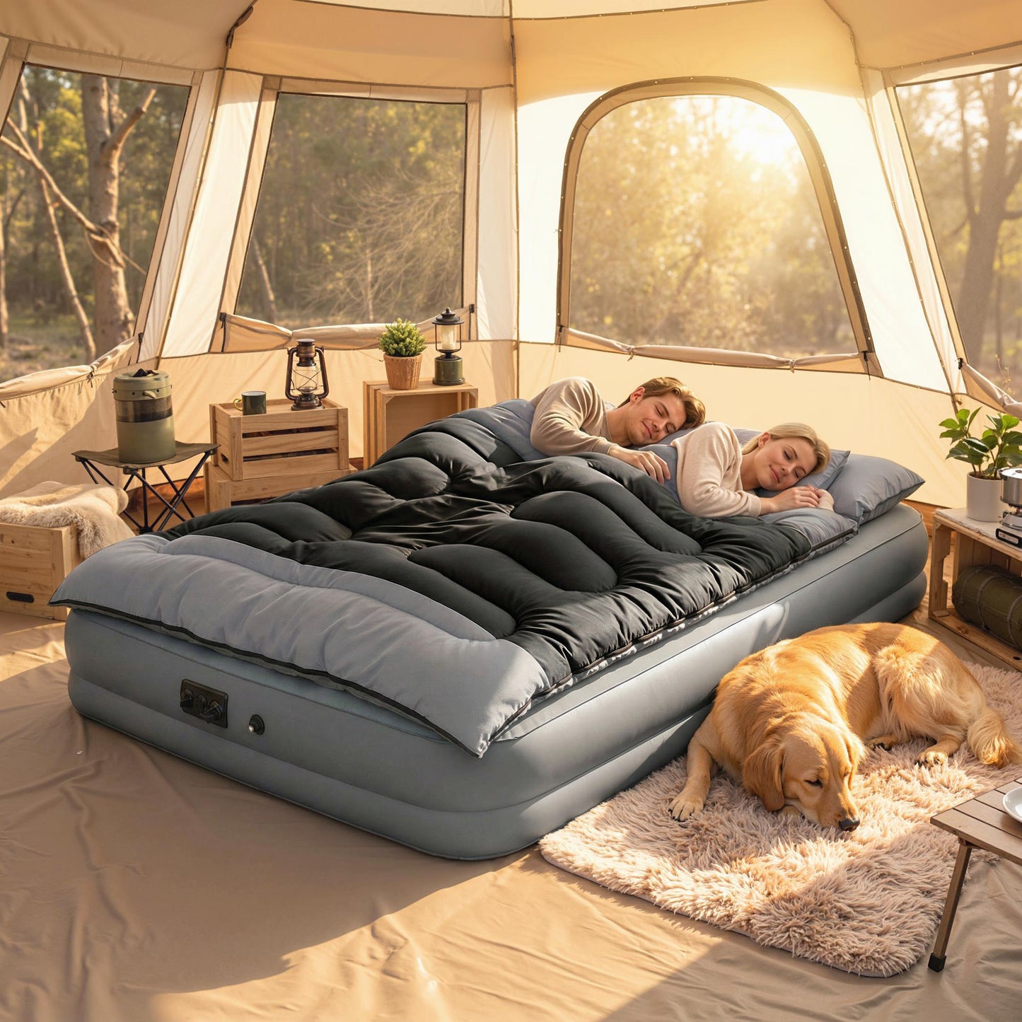 Double Sleeping Bag with 2 Pillows, 220 x 160 cm Extra-Large Sleeping Bag for Adults, Black and Grey