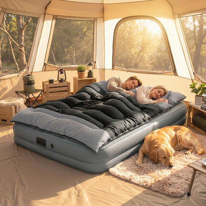 Double Sleeping Bag with 2 Pillows, 220 x 160 cm Extra-Large Sleeping Bag for Adults, Black and Grey
