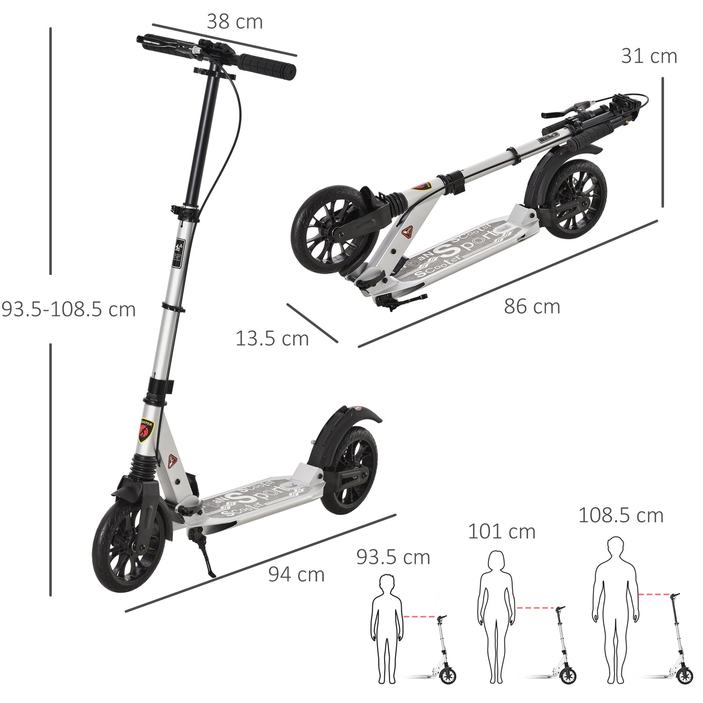Teen/Adults Aluminium Folding Kick Scooter w/ Shock Mitigation System Silver