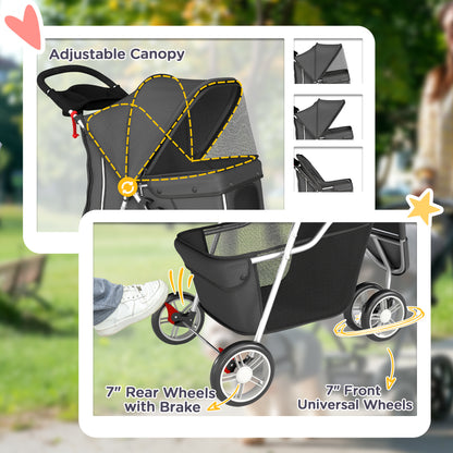 Dog Stroller, 3 Wheels Foldable Pet Stroller with Adjustable Canopy, Storage Basket for Small Mini Breeds, Dark Grey