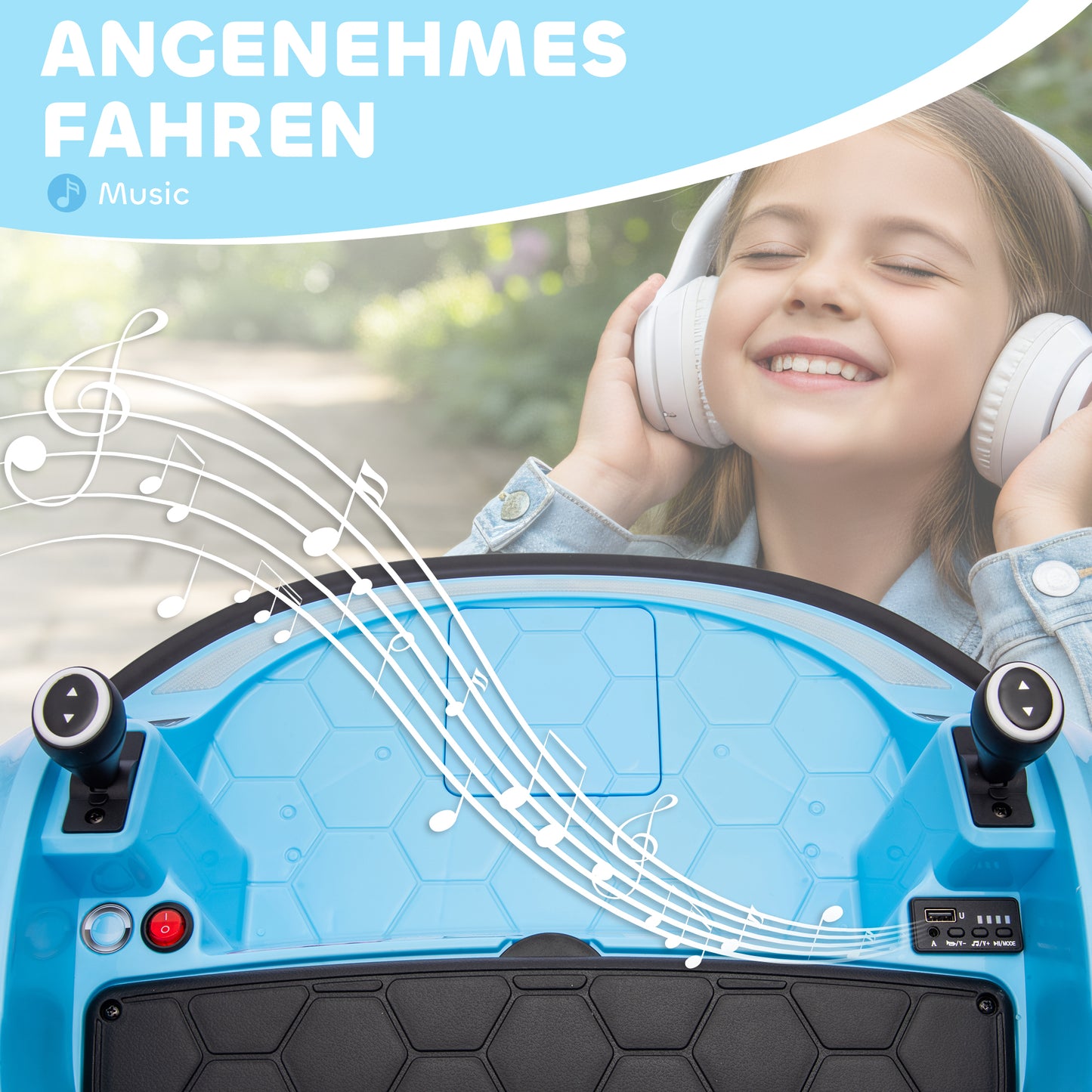 360° Rotation Kids Bumper Car, 12V Waltz Car with Remote Control, Dual Joystick, Music, Lights, Light Blue