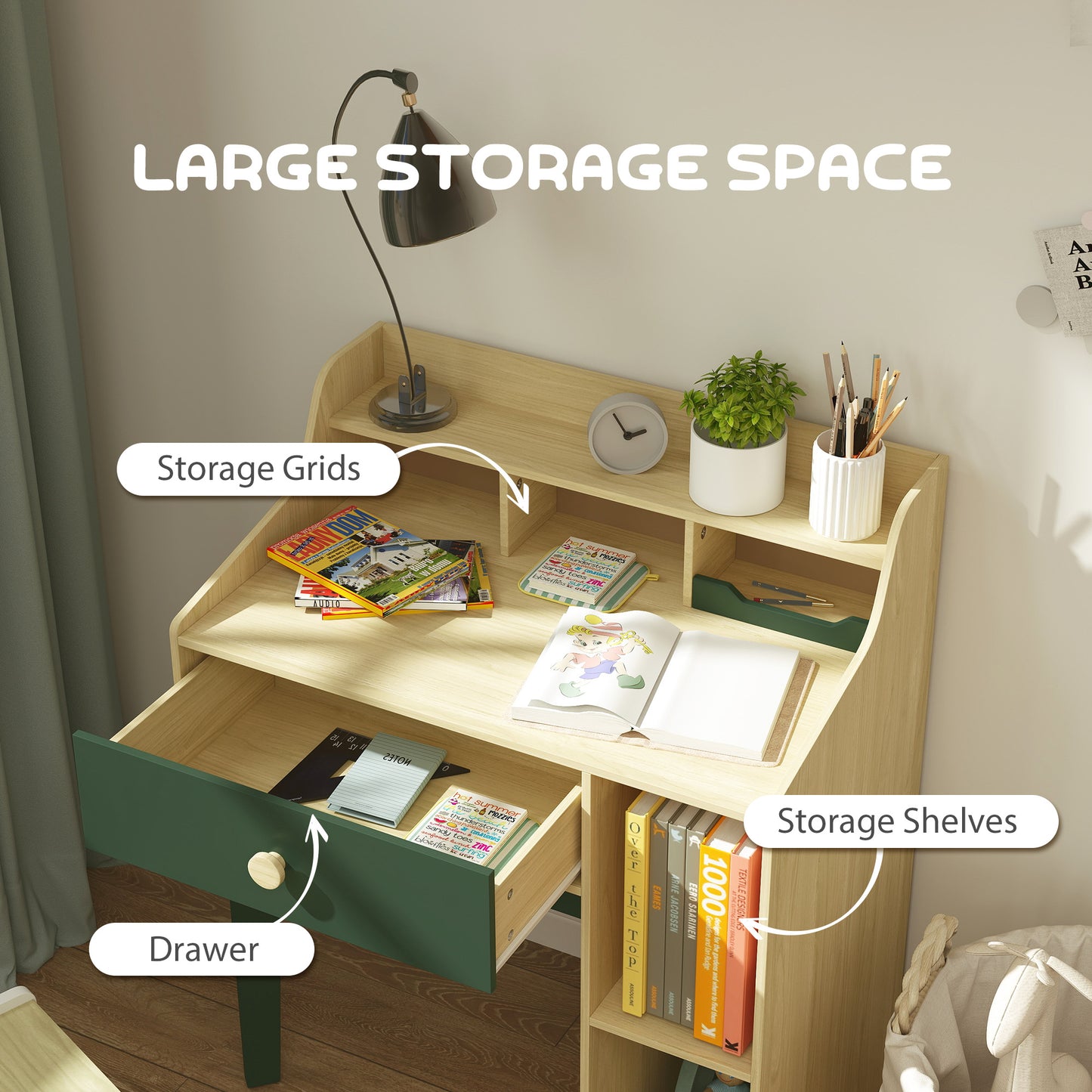 Kids Desk and Chair Set with Storage Shelves and Drawer, Green