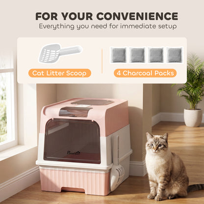 Enclosed Cat Litter Box with Lid, Pull-Out Drawer Tray, Scoop, 4 Deodorisation Bags, Front Entry & Top Exit, Pink