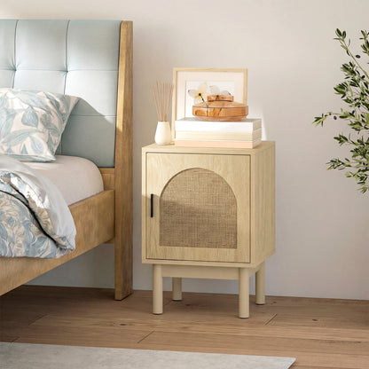 Rattan Bedside Table for Bedroom - Natural Wood