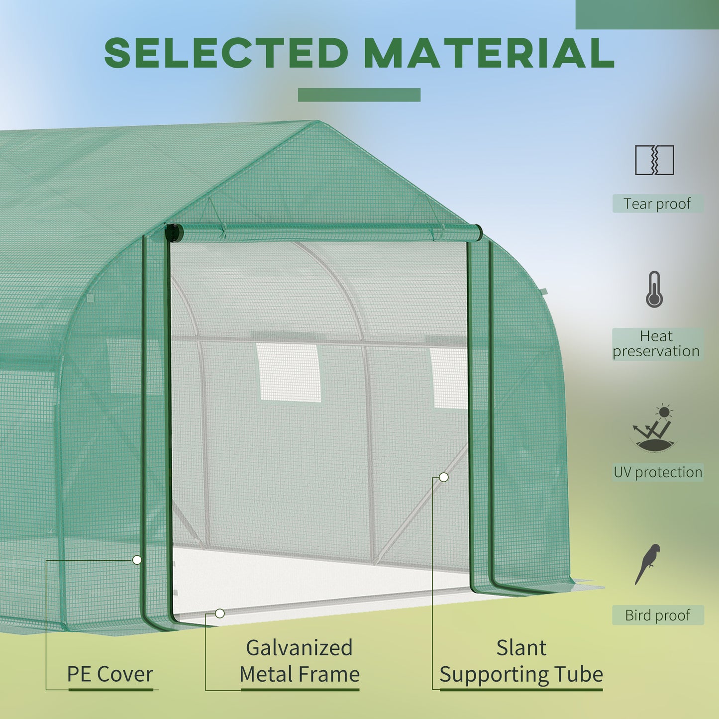 Walk-in Polytunnel Garden Greenhouse, Outdoor Mesh Door Greenhouse with PE Cover and 6 Windows, 3.5 x 3 x 2m, Green