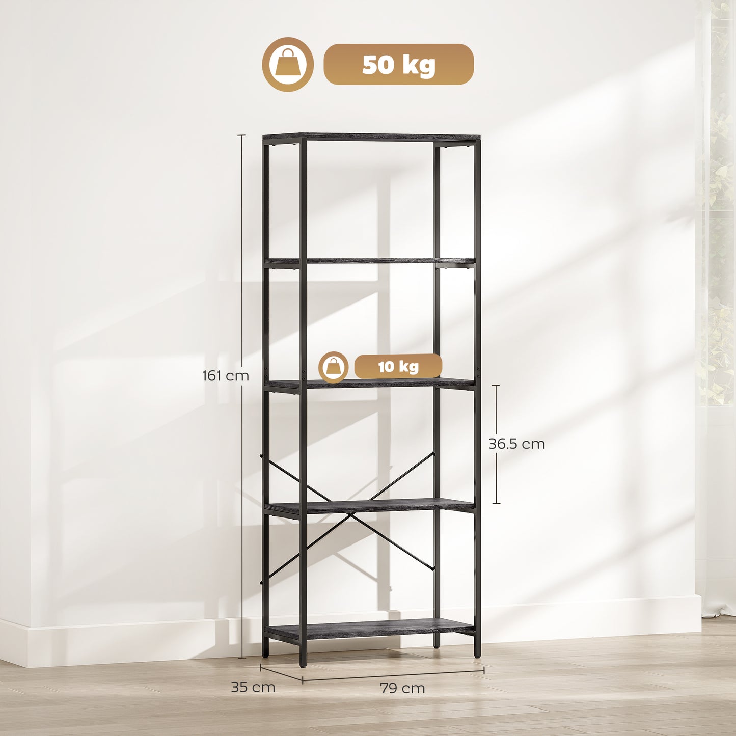 5-Tier Bookshelf, Industrial Bookcase with Metal Frame - Dark Grey and Black