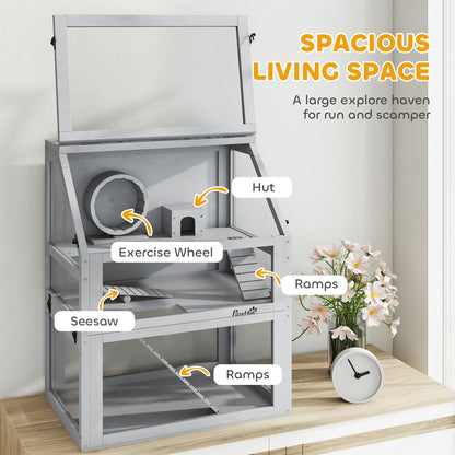 Wooden Hamster Cage with Detachable 32cm Deep Bottom, Hut, Seesaw, Exercise Wheel, Ramp, 60 x 40 x 75cm, Light Grey