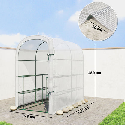 Walk-in Greenhouse with Shelves, Small Greenhouse with PE Cover and Roll-up Door, 123 x 187 x 189 cm, White