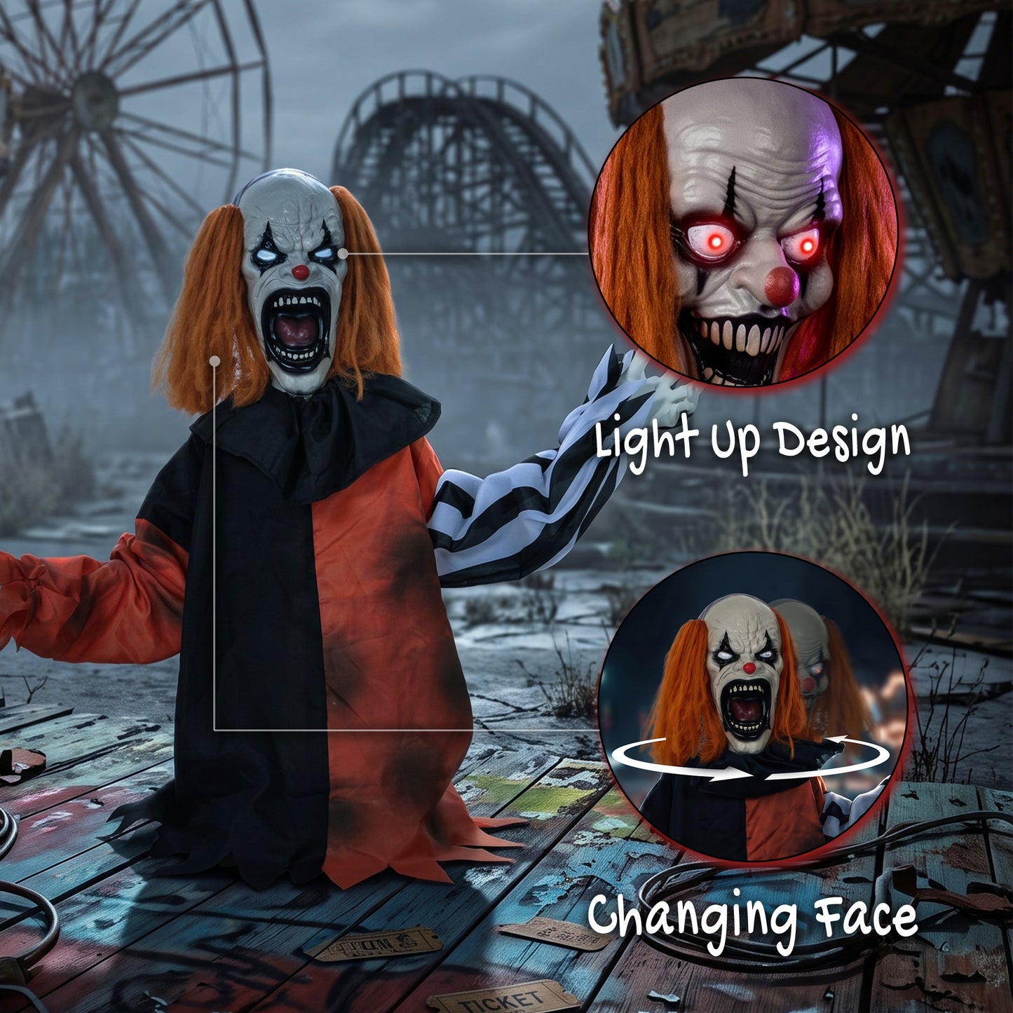 Animated Halloween Face Changing Clown, Animatronic Joker with Cackling Sound, Glowing Eyes, Sound/Touch Activated