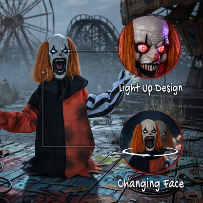 Animated Halloween Face Changing Clown, Animatronic Joker with Cackling Sound, Glowing Eyes, Sound/Touch Activated