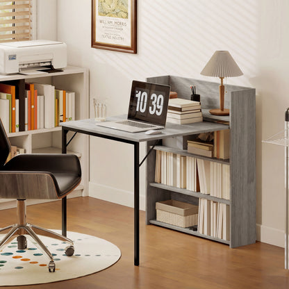 Kitchen Table, Folding Dining Table, with 4-Tier Shelves, Modern Drop-Leaf Table, Grey Wood Effect