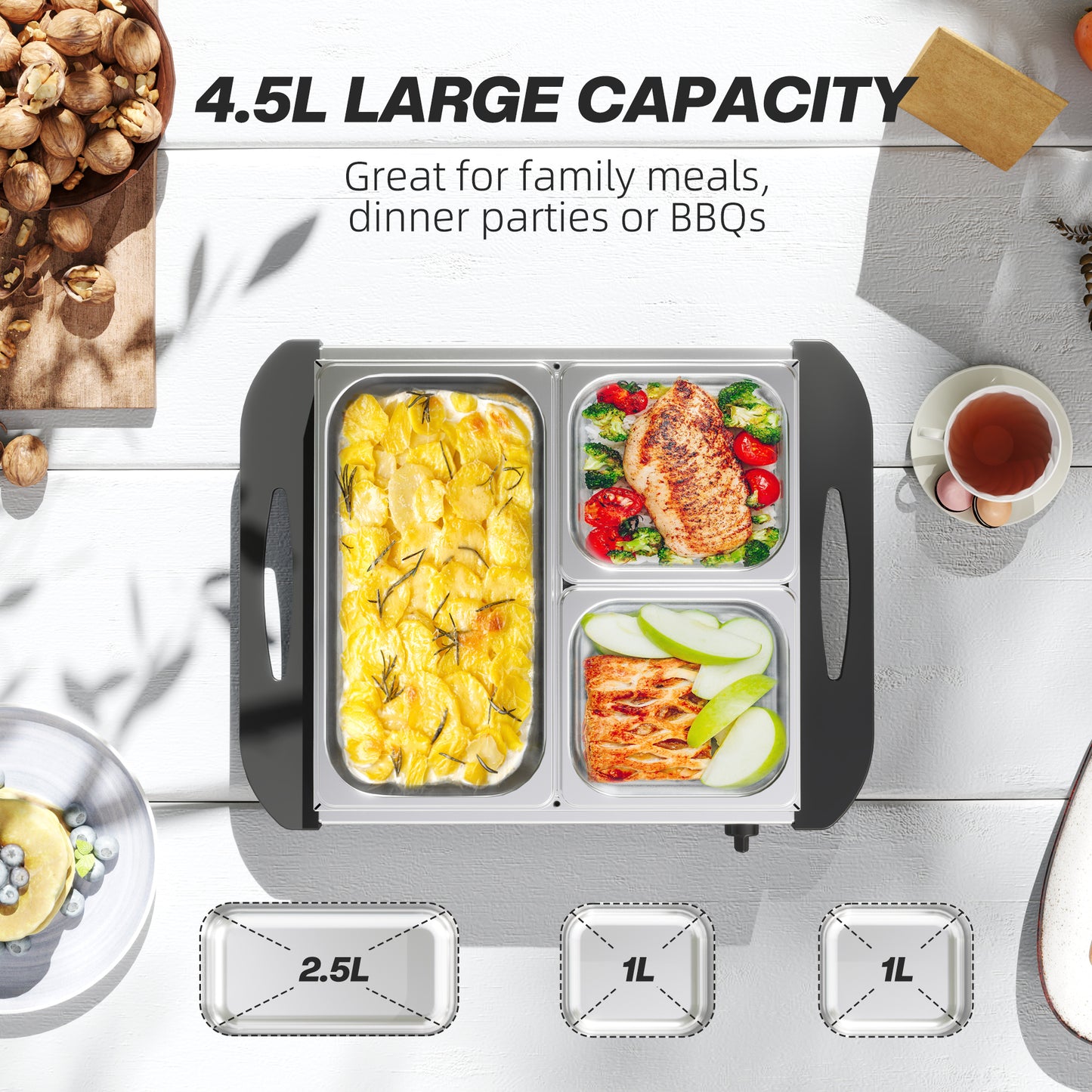 4.5L Stainless Steel Electric Buffet Server, with 3x Trays and Lids