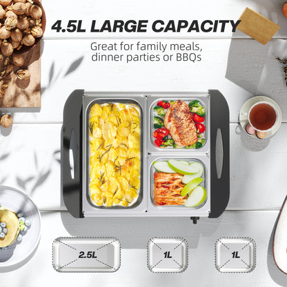 4.5L Stainless Steel Electric Buffet Server, with 3x Trays and Lids