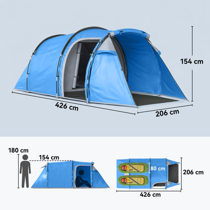 2 Man Tunnel Tent with Sewn-in Groundsheet, Air Vents, Rainfly, 2000mm Large Camping Tent with Bedroom, Porch