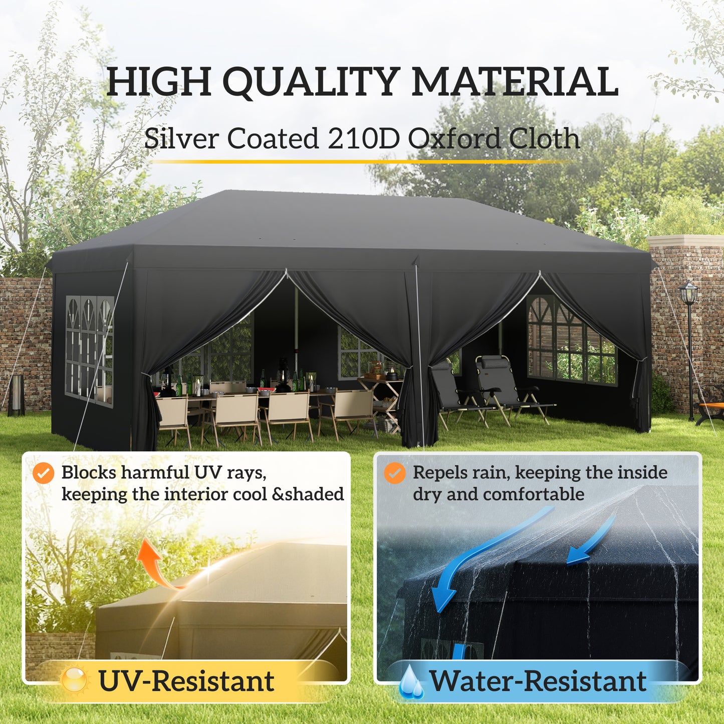 3 x 6 m Pop Up Gazebo with Sides and Windows, Height Adjustable Wedding Camping Party Tent Canopy Marquee with Storage Bag fo