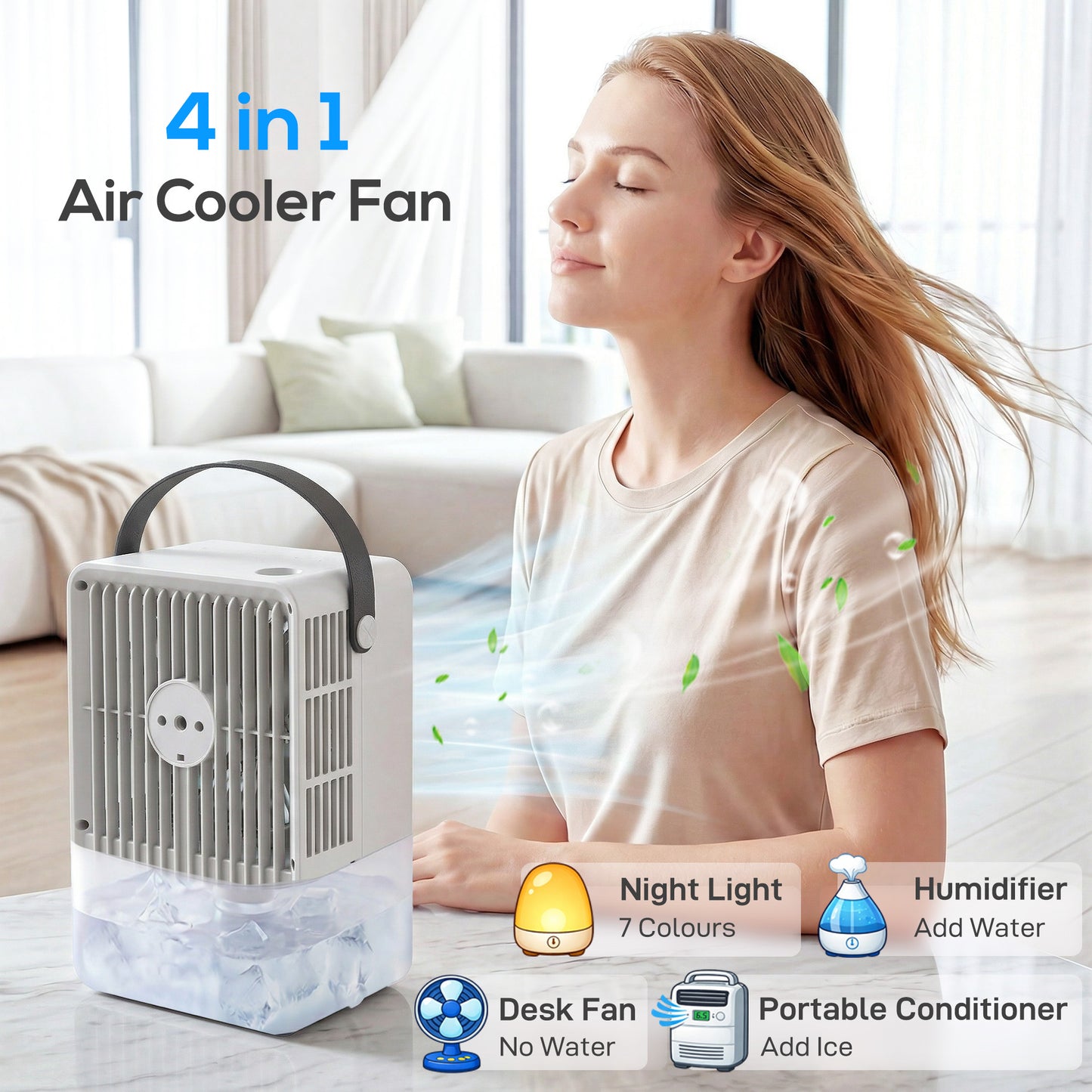 Portable Air Conditioner, 4-in-1 Mini Air Cooler with 3 Wind Speed, 2 Mist Mode, 7 Colour RGB Light, Black and White