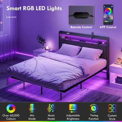 Floating Bed Frame, Upholstered 4ft6 Double Size Bed, Platform Bed with RGB LED Lights and Charging Station, Grey