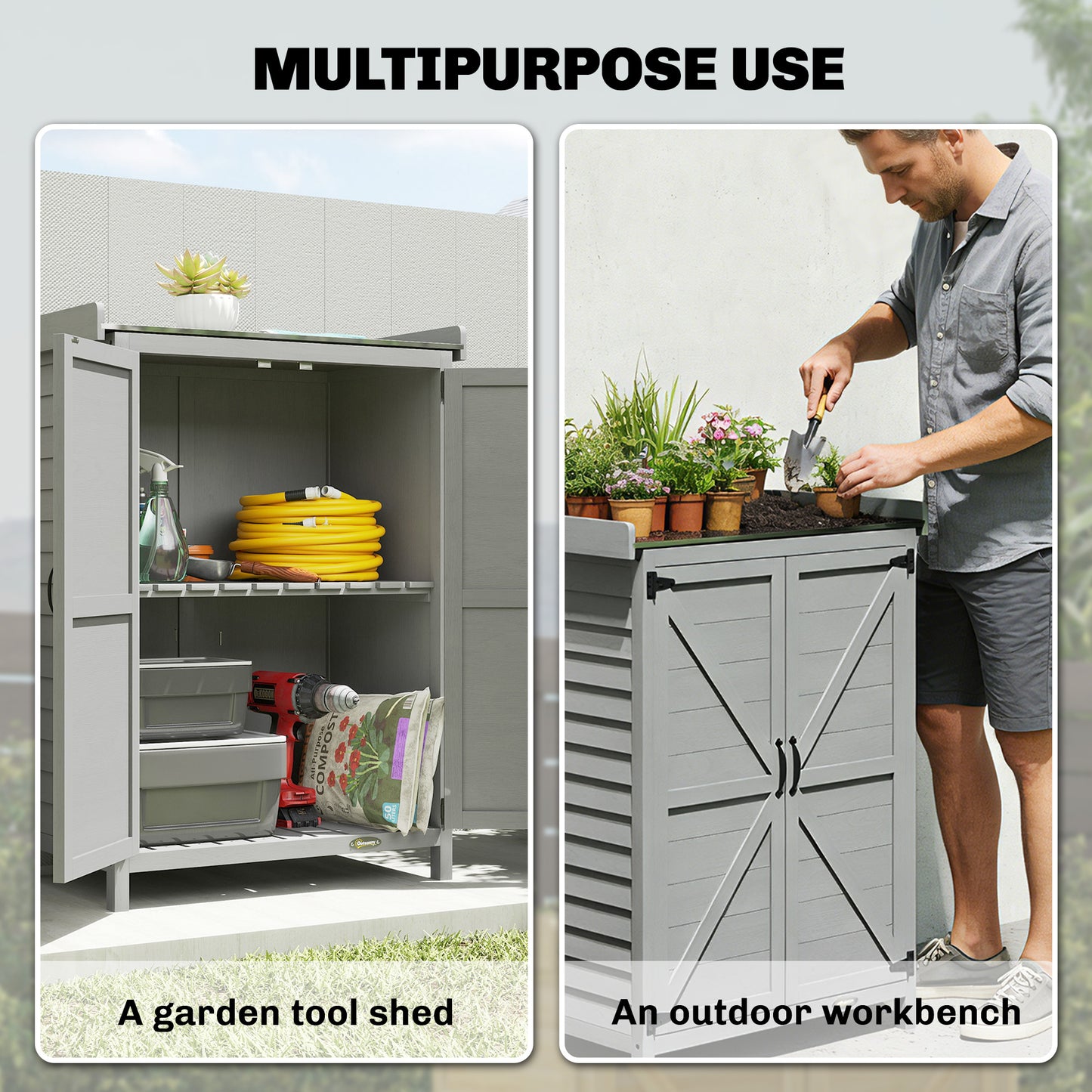 Wooden Garden Shed, Garden Tool Storage Shed with Shelf and Side Hooks, 71.5 x 39 x 95 cm, Grey