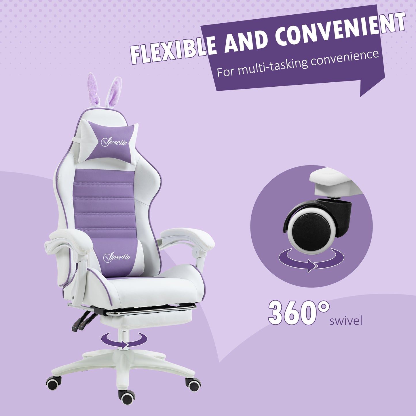 Racing Gaming Chair, Reclining PU Leather Computer Chair with Removable Rabbit Ears, Footrest, Headrest and Lumber Support