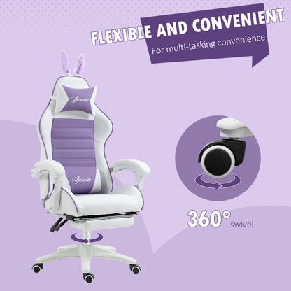Racing Gaming Chair, Reclining PU Leather Computer Chair with Removable Rabbit Ears, Footrest, Headrest and Lumber Support