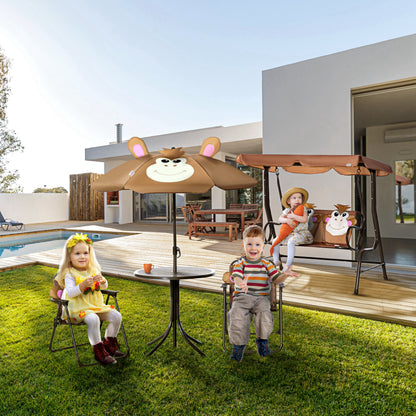 Kids Bistro Table and Chair Set, Outdoor Folding Garden Furniture w/Monkey Design, Removable, Adjustable Sun Umbrella