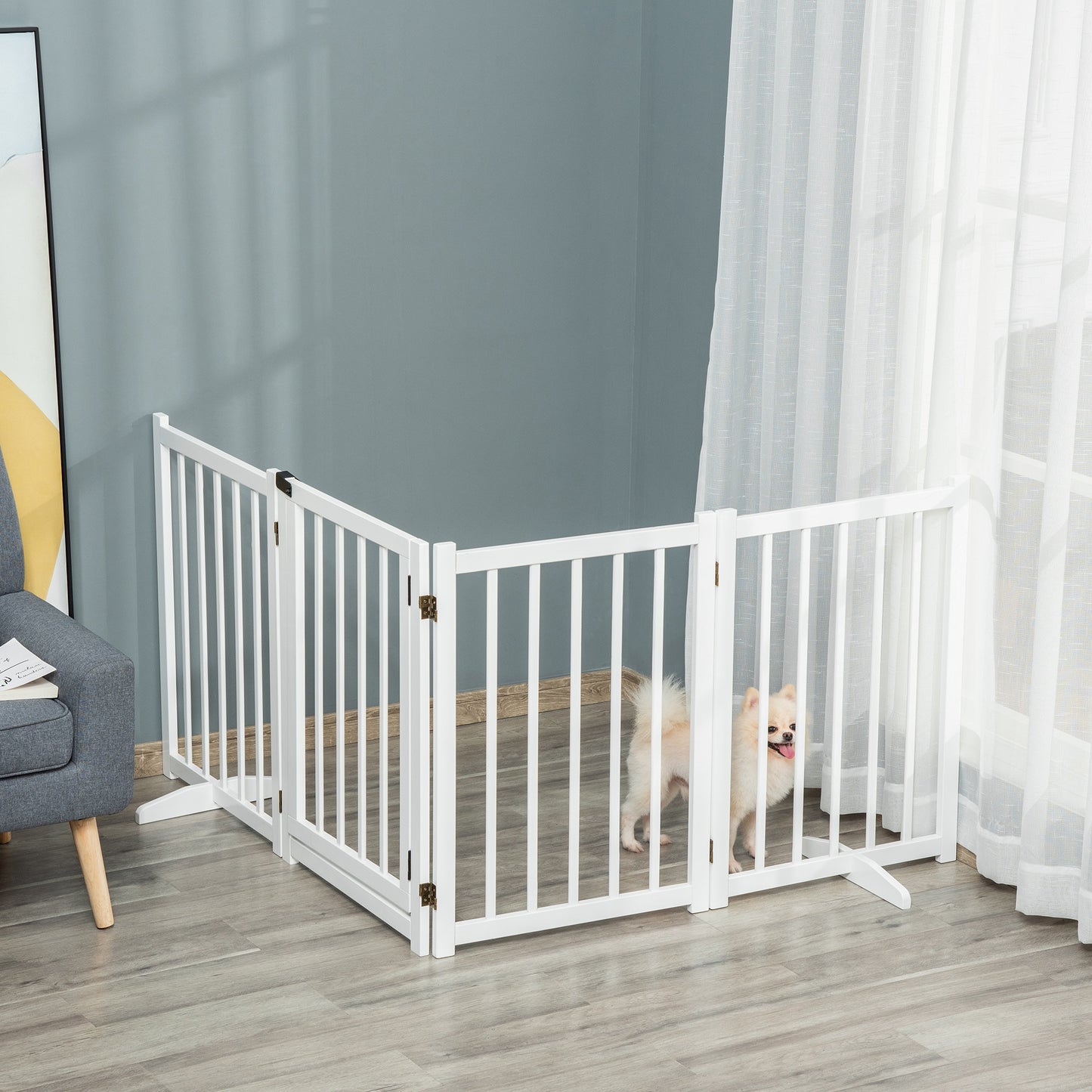 Wooden Dog Gate, Dog Fence Indoor, 80 cm Tall Freestanding Pet Gate for Small and Medium Dogs with 4 Panels, 2 Support Feet