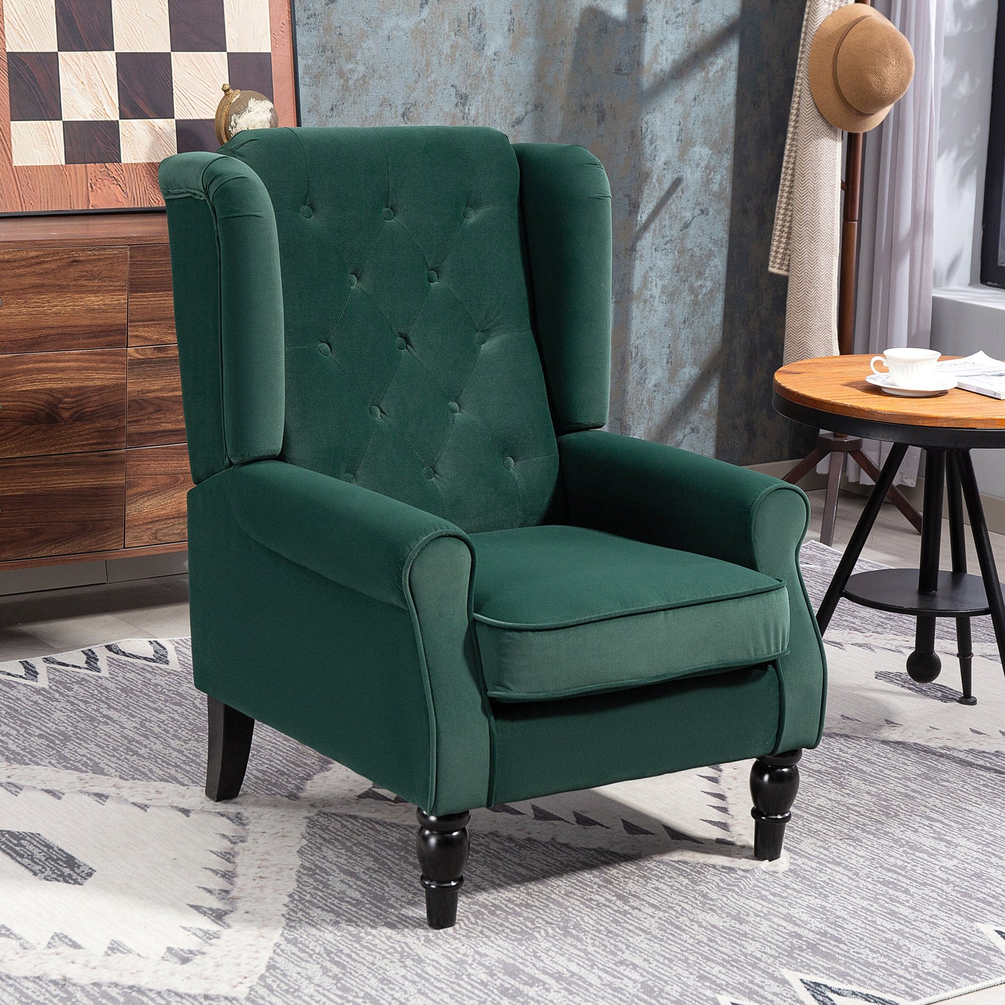 Wingback Accent Chair, Retro Upholstered Button Tufted Occasional Chair for Living Room and Bedroom, Green