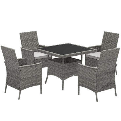 Rattan Garden Furniture Set, Outdoor Dining Table and Chairs 4 Seater with Cushions, Square Tempered Glass Top, 4 Armchairs