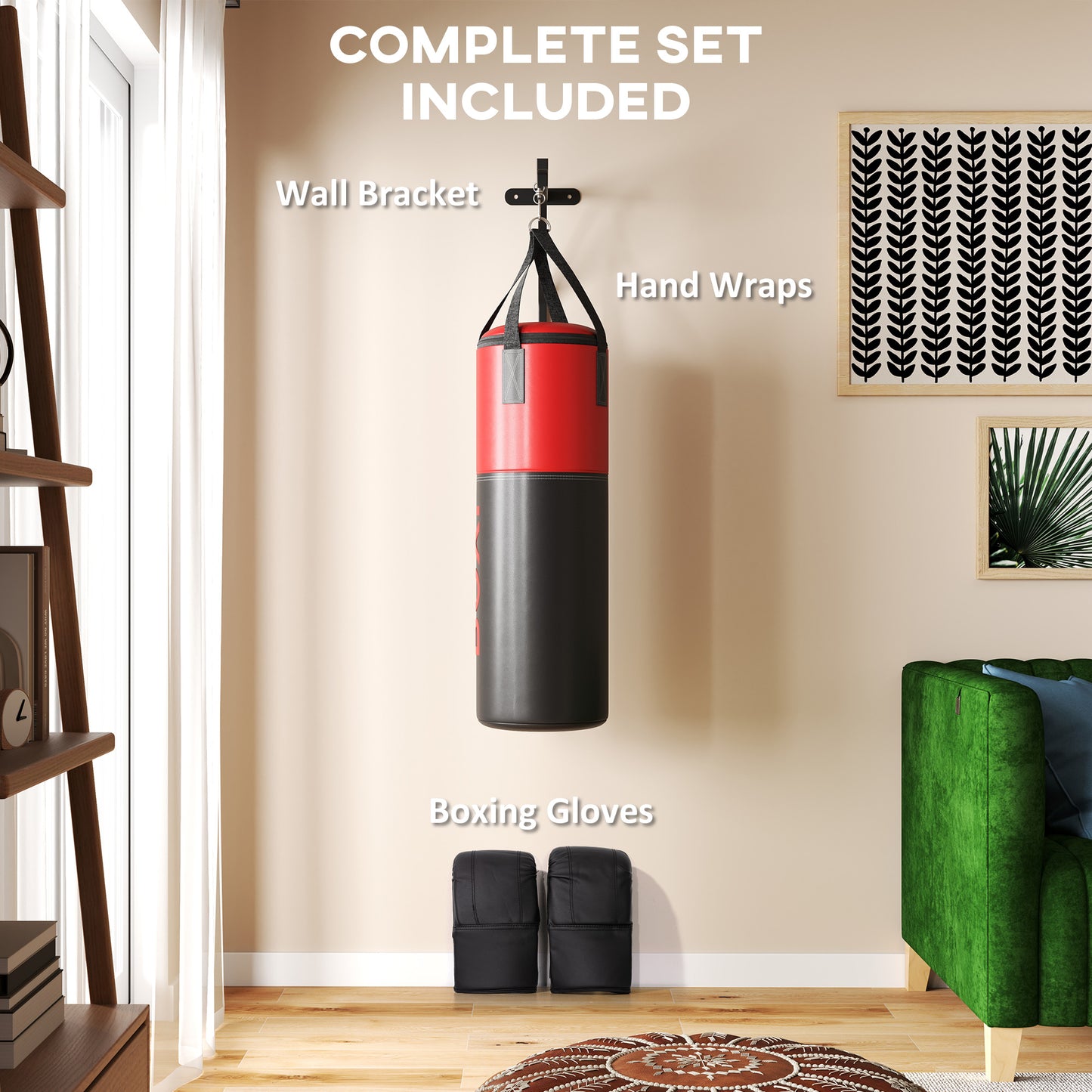 Unfilled Punching Bag Set with Boxing Bag Bracket, Boxing Gloves, Hand Wraps and 360° Swivel Hook