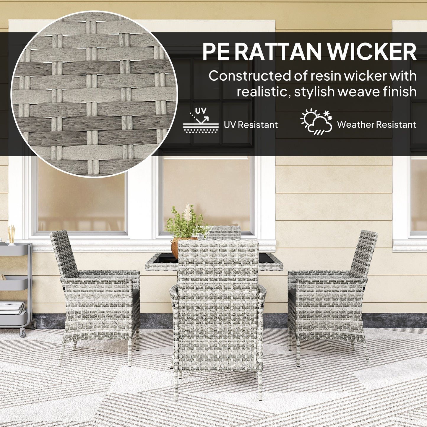 Rattan Garden Furniture Set, Outdoor Dining Table and Chairs 4 Seater with Cushions, Square Tempered Glass Top, 4 Armchairs