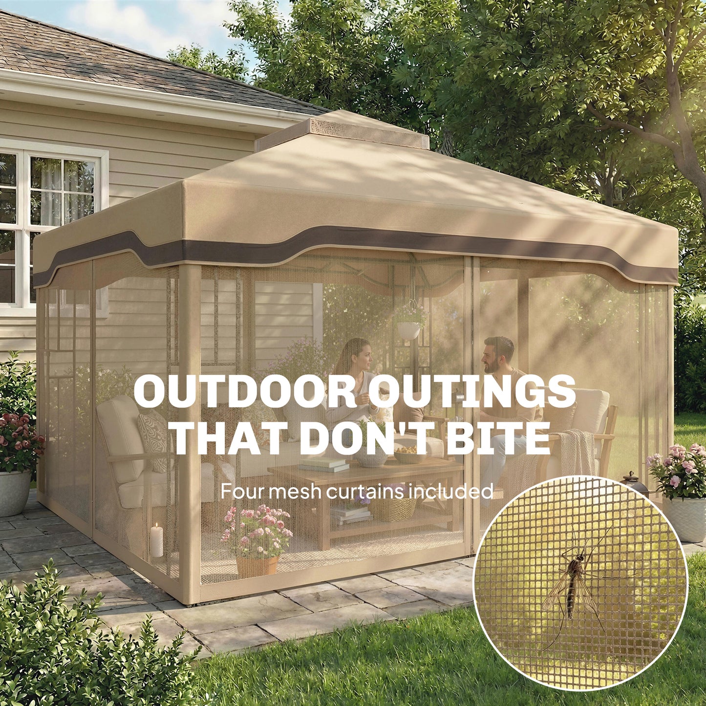 3 x 3.6 m Outdoor Garden Gazebo with Post Shelves, UPF50+ Patio Permanent Pavilion with Hook, Khaki