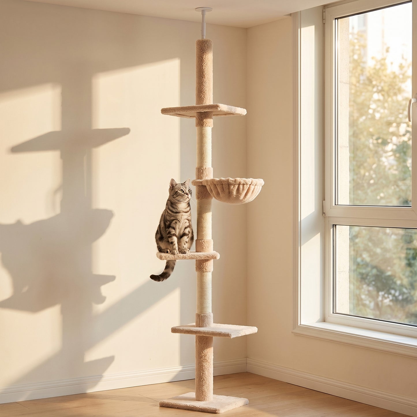 Floor to Ceiling Cat Tree 230-260cm Height Adjustable, 5-Tier Cat Tower with Scratching Posts, Hammock, Perches