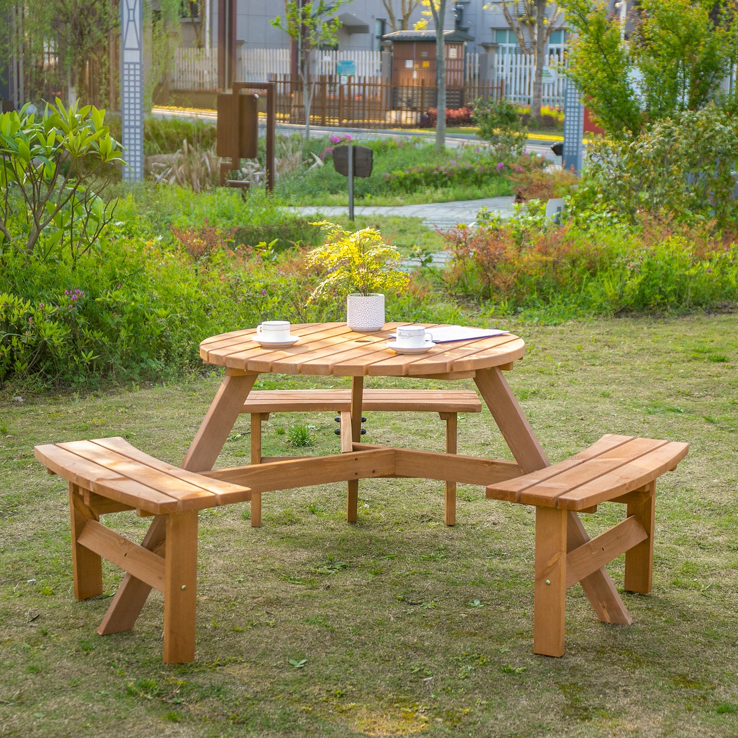 Wooden Garden Dining Set, 6 Seater Round Dining Picnic Table with Matching Bench
