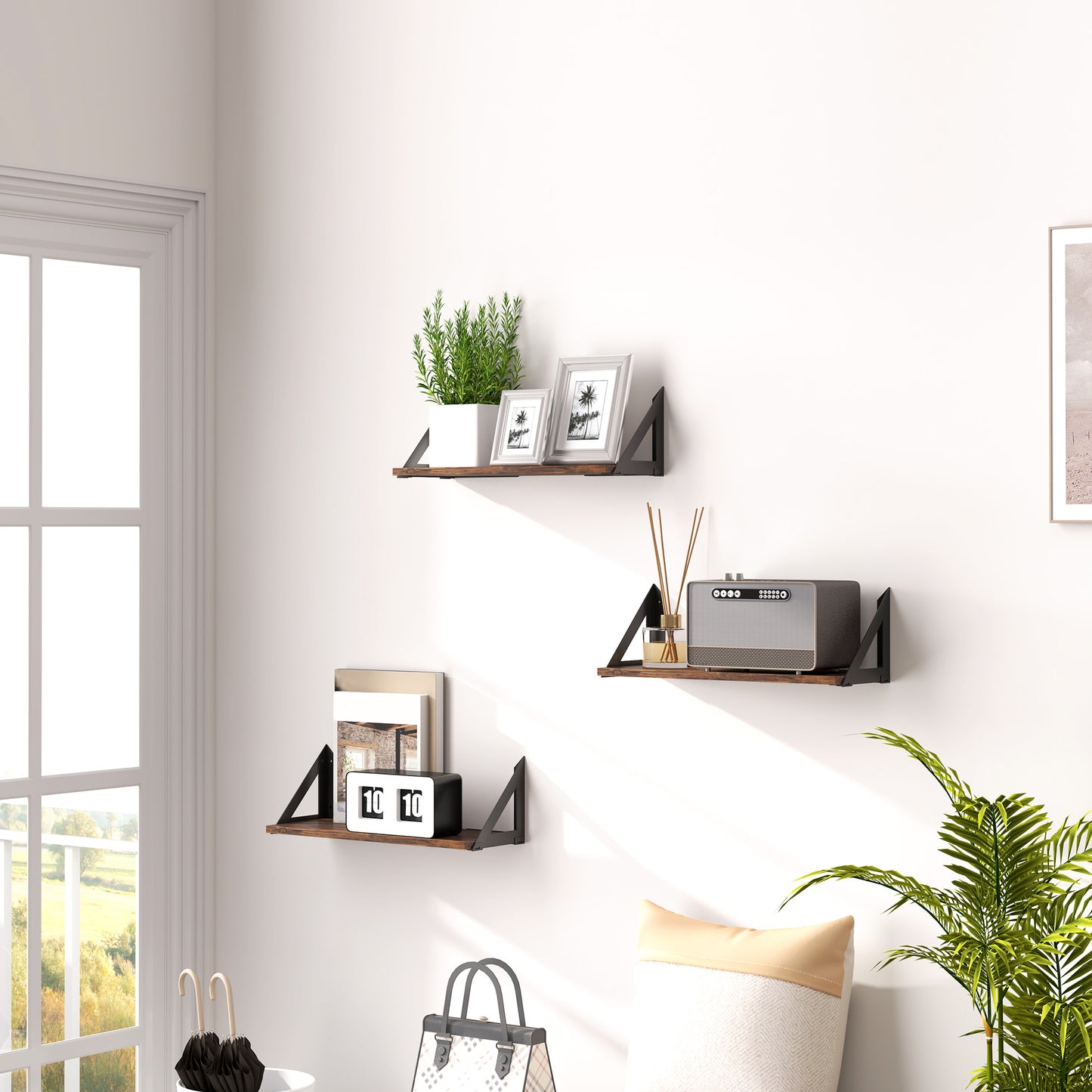 Set of 3 Wall Shelves, 43cm Vintage Wall Mounted Floating Shelves for Living Room, Entryway, Bedroom, Rustic Brown