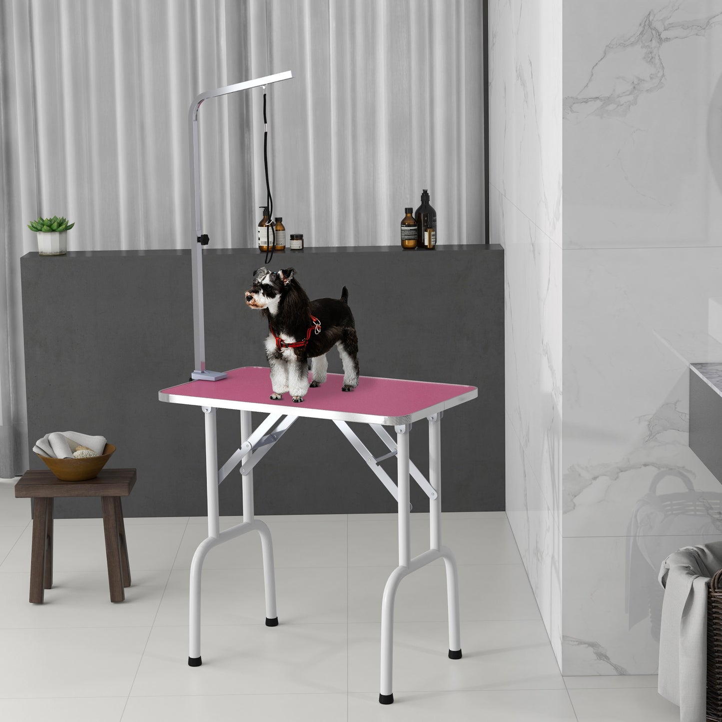 32" Foldable Dog Grooming Table Pet Drying Beauty Table Adjustable Fixed Arm Rubber Top, Pink