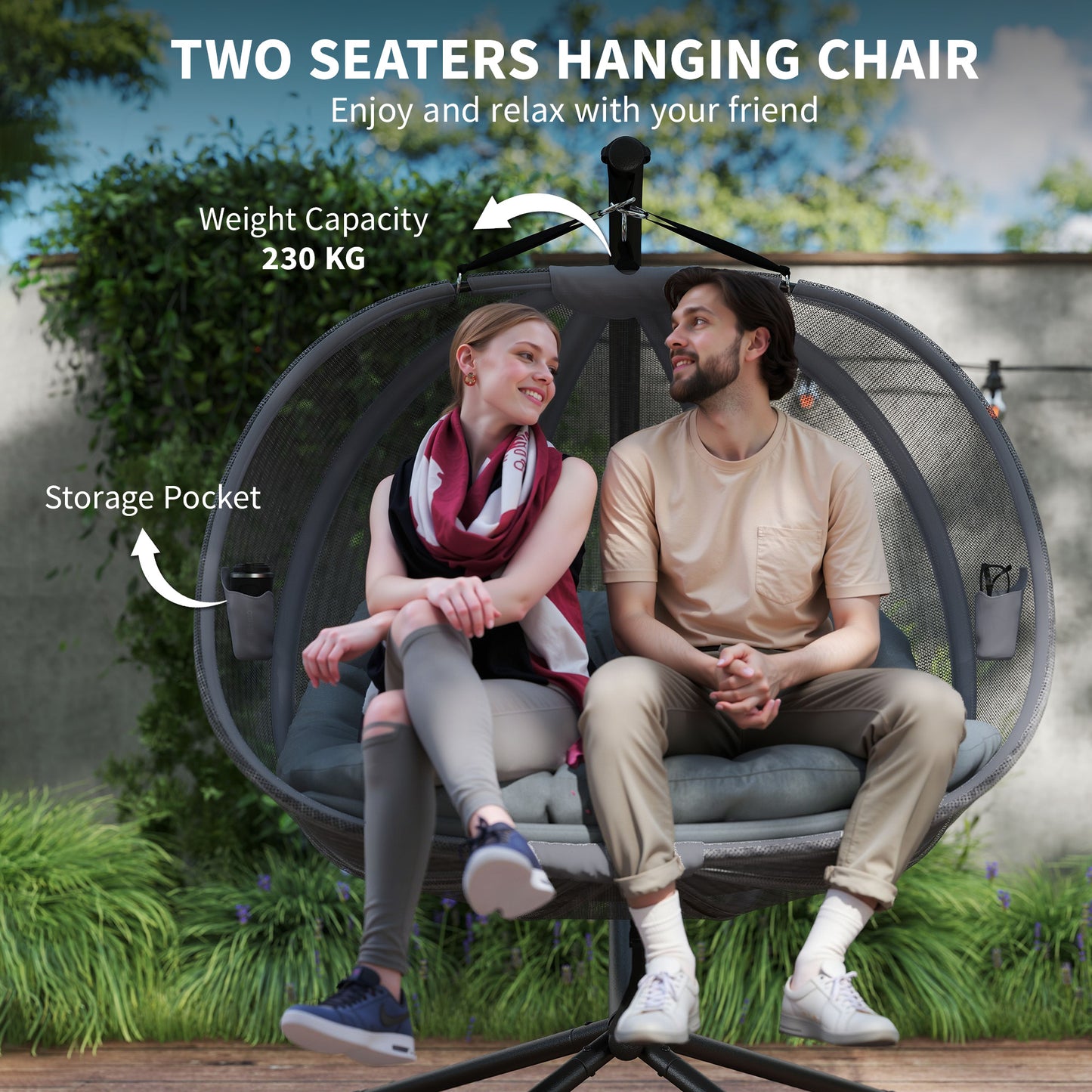 Double Hanging Egg Chair 2 Seaters Texteline Swing Hammock Chair with Folding Design, Grey