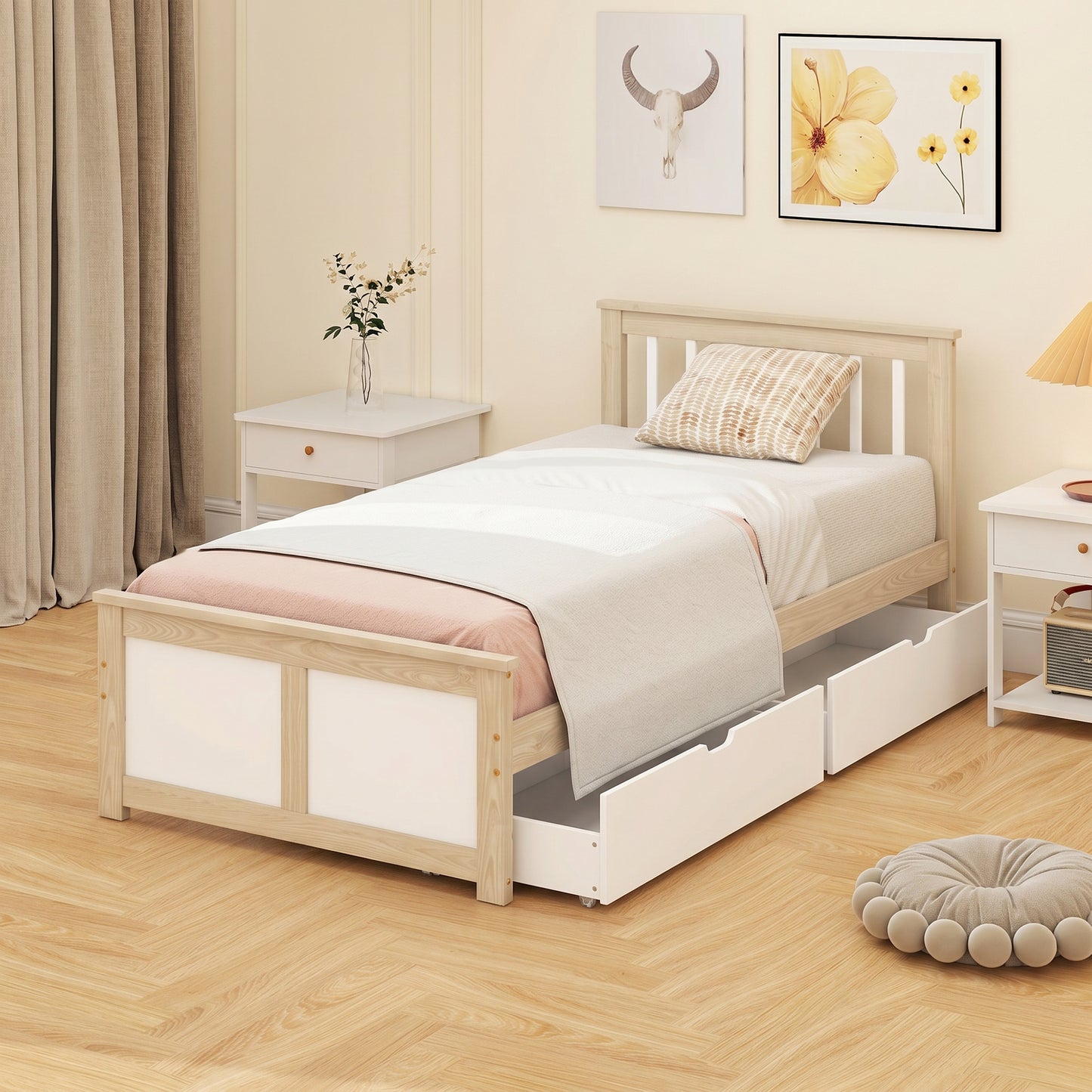 Pine Storage Bed, 3ft Single Solid Wooden Bed Frame with Drawers, Headboard, Wood Slat Support, Natural Wood Finish