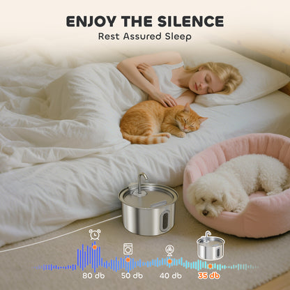 2.5L Stainless Steel Cat Water Fountain for Drinking with Ultra-Silent Pump, Water-Level Window, 7 Filters