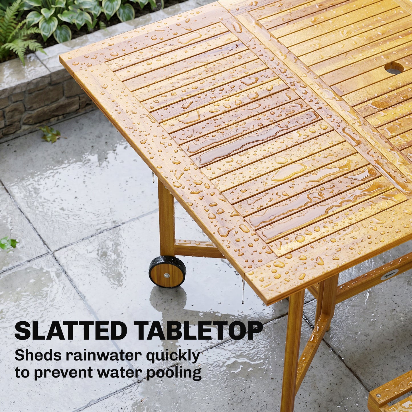7 Pieces Garden Dining Set, Extending Dining Table and 6 Folding Chairs with Umbrella Hole for Patio, Natural Wood