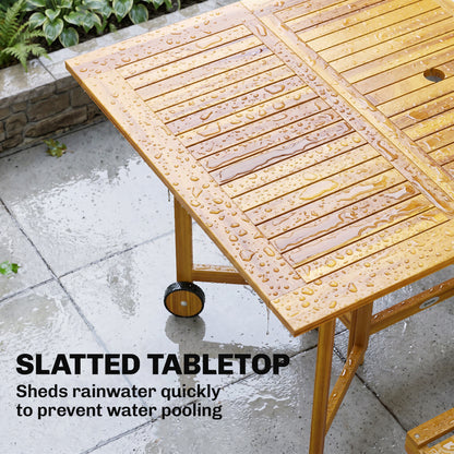 7 Pieces Garden Dining Set, Extending Dining Table and 6 Folding Chairs with Umbrella Hole for Patio, Natural Wood
