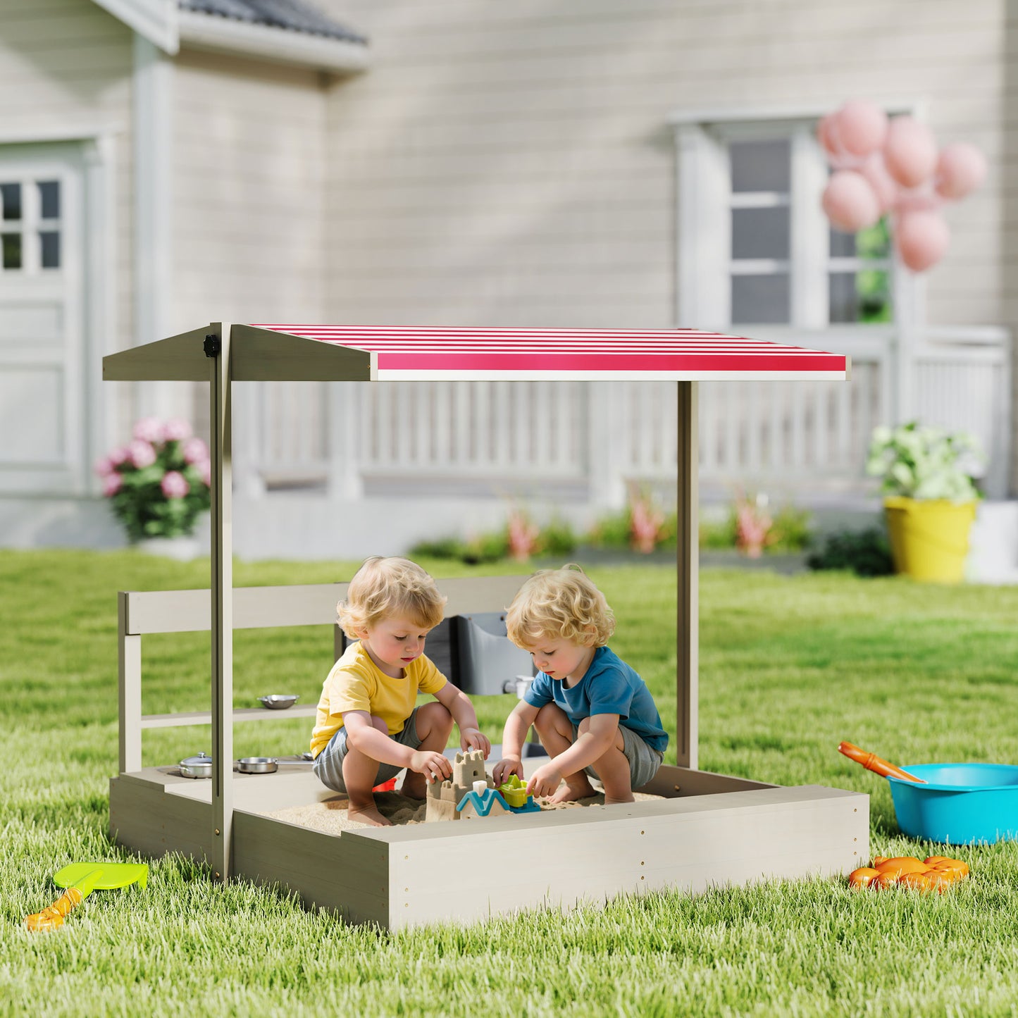 Kids Wooden Sandbox w/ Canopy, Kitchen Toys, Seat, Storage, for Ages 3-7 Years